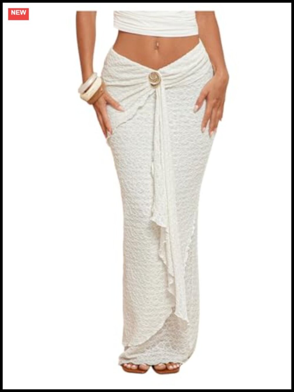 Textured Ruched Ruffle Trim Bodycon Maxi Skirt Boho Asymmetrical Low Waisted